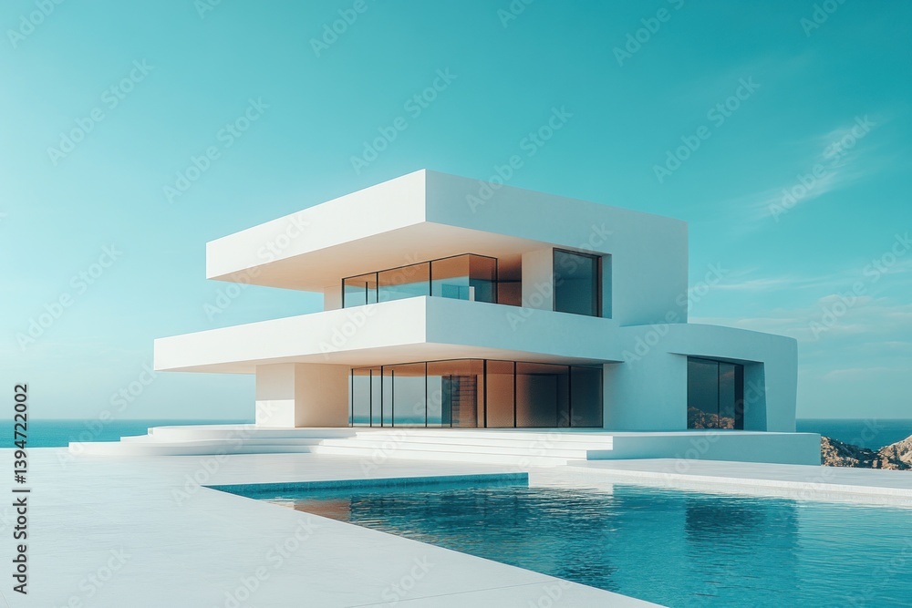 Fototapeta premium Luxury Modern House with Pool Garden and Wooden Deck in Minimalist Style