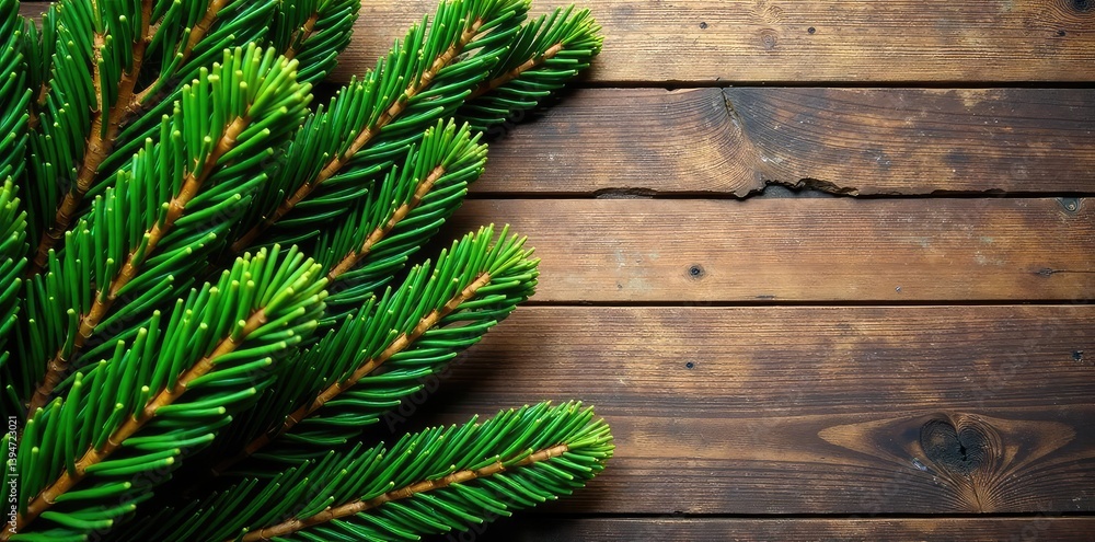 Branches of fir tree on rustic wooden background, fir tree, twigs, isolated branches