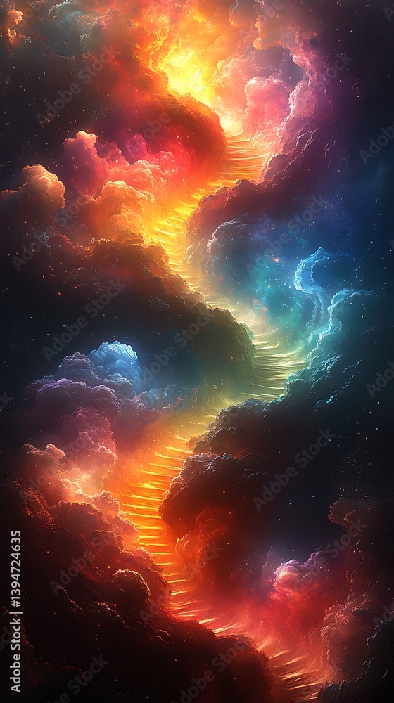 Obraz premium Vibrant Swirling Staircase of Colorful Clouds Phone Wallpaper Vertical 4K Mobile Background with Orange, Blue, and Purple Hues