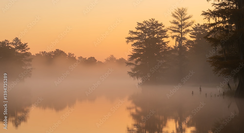 Fototapeta premium Misty Sunrise over Calm Lake with Silhouetted Trees