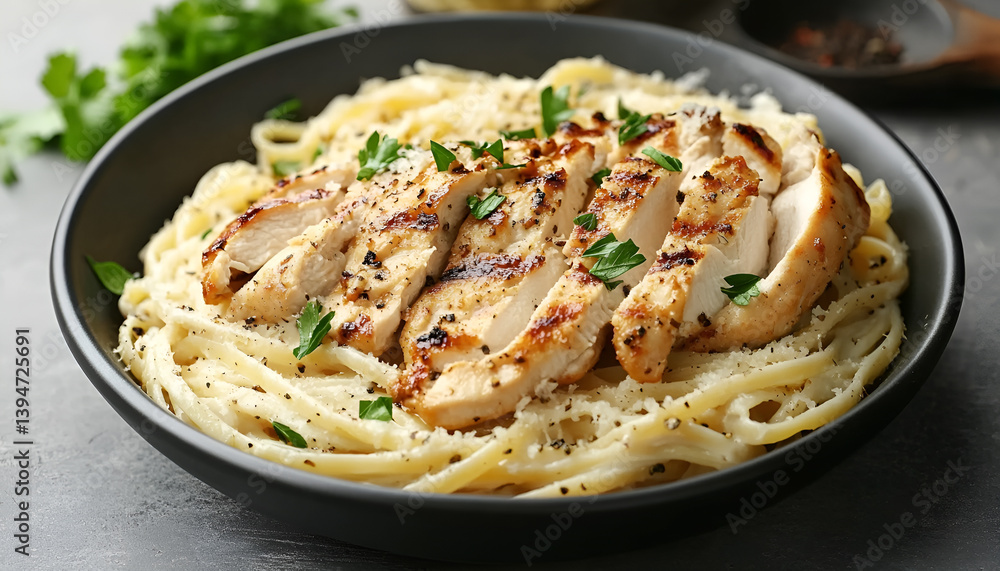 Delicious pasta with chicken served on gray table, flat lay. Space for text Delicious pasta with chicken served on gray table, flat lay. Space for text