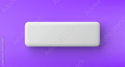 3d vector white plastic rounded rectangular button on purple background. Realistic minimal icon with shadow.