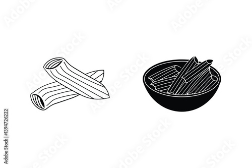 Black And White Illustration Of Penne Pasta In A Bowl And Separately