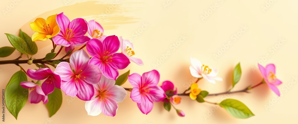 Soft paintbrush strokes near vibrant spring blossoms on a warm beige backdrop, springtime, bloom Soft paintbrush strokes near vibrant spring blossoms on a warm beige backdrop, springtime, bloom