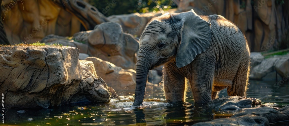 Fototapeta premium Gentle giant refreshment, baby elephant drinking water in the serene lake