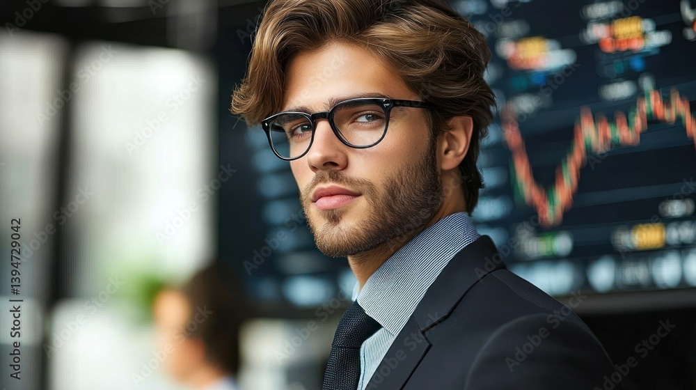 Business man with glasses in front of stock market graph display screen Business man with glasses in front of stock market graph display screen