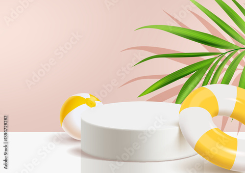 3d summer tube ad banner. Illustration of product display on round podium at hot beach sand, ideal for product display or any seasonal products