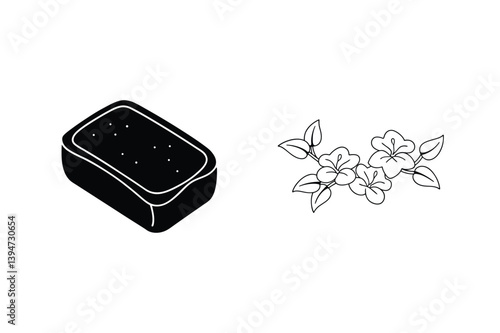 Soap Bar And Flowering Plant Line Art Illustration On White Background