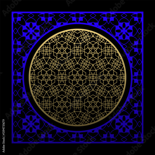 Circular golden ornament with detailed Islamic-inspired pattern on a black and blue background. Great for invitations, logos, or high-end branding.