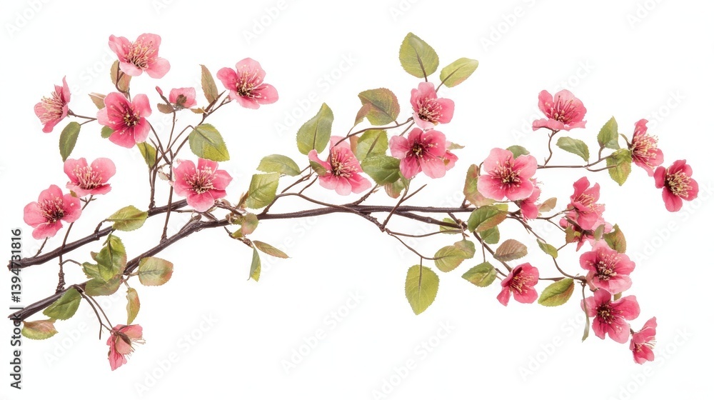 Naklejka premium Cherry blossom branch with pink flowers, isolated on white background, symbolizing springtime.