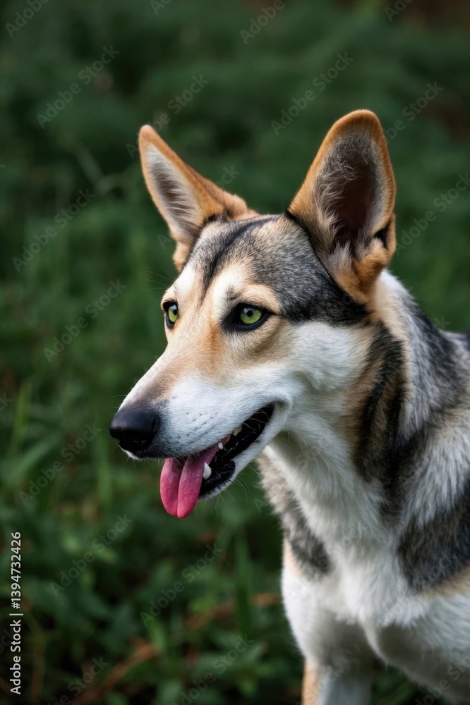 there is a dog that is standing in the grass with its tongue out there is a dog that is standing in the grass with its tongue out