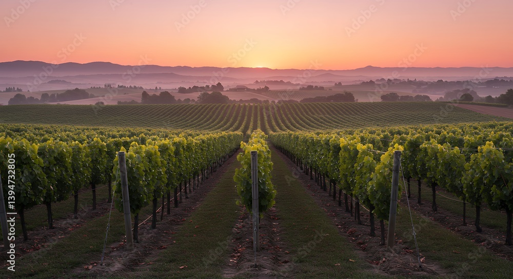 Fototapeta premium Vineyard Sunrise Rolling Hills Grapevines Wine Country Landscape