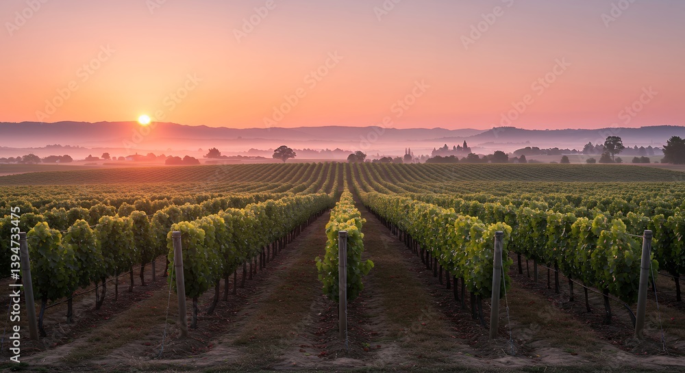 Fototapeta premium Vineyard Sunrise Rows of Grapevines at Dawn