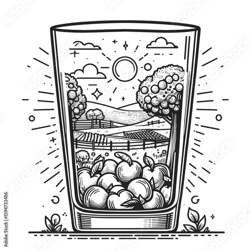 engraving style  with apricot garden Scenic Landscape in the glass ouline