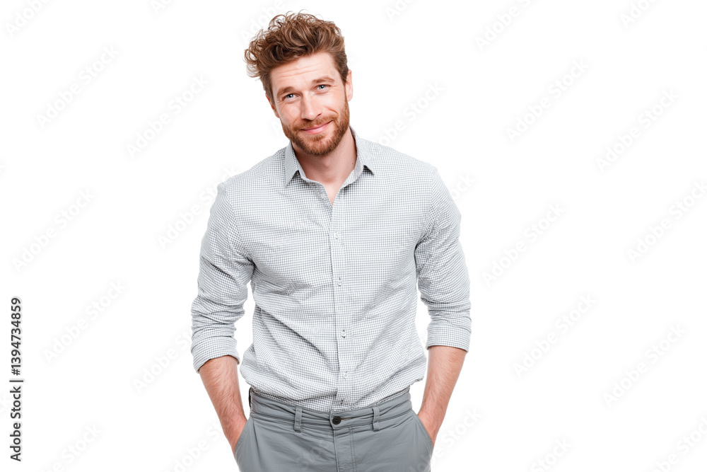 handsome man with friendly expression smiling casually with his hands in pockets isolated on transparent white background handsome man with friendly expression smiling casually with his hands in pockets isolated on transparent white background