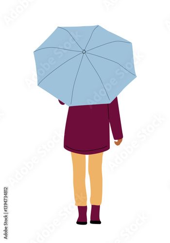 Person walking with umbrella in rainy weather. Man or woman holding parasol, standing rear view. Cartoon Character on street in downpour turned back. Flat vector illustration on white background