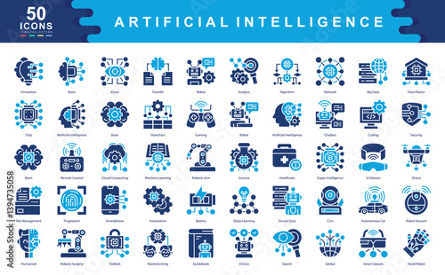 Artificial Intelligence icon collection set.  Simple color fill vector illustration.