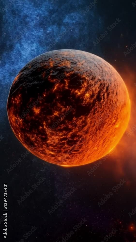 Celestial fiery sphere, resembling a star or planet with glowing lava and intense volcanic activity. Science fiction, space exploration, and educational content. Celestial fiery sphere, resembling a star or planet with glowing lava and intense volcanic activity. Science fiction, space exploration, and educational content.