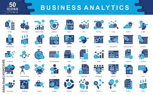 Business Analytics icon collection set.  Simple color fill vector illustration.