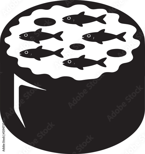 Sushi roll with tiny fish inside silhouette vector illustration