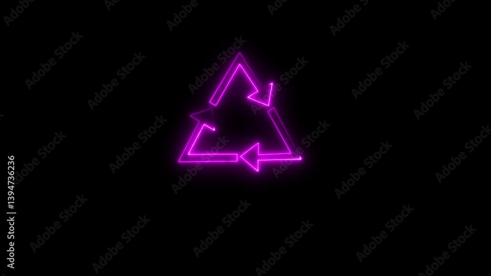Pink neon glowing three-arrow cycle recycle symbol animation on black background, 4k video. Pink neon glowing three-arrow cycle recycle symbol animation on black background, 4k video.