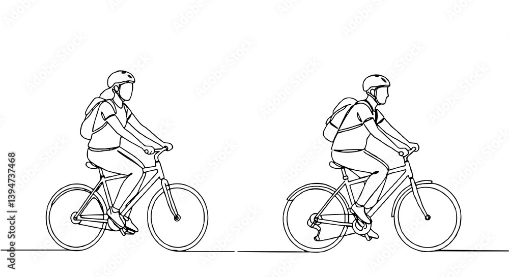 Obraz premium Simple line drawing of two cyclists, black and white, transportation concept against a white background with copy space