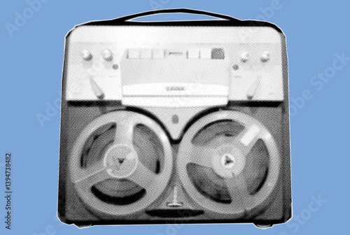 Close up of vintage audio reel tape recorder pixelate grayscale color halftone dotted texture style collage element isolated on blue background