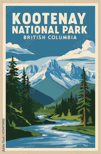 Kootenay, British Columbia travel poster in retro style. Colorful vector illustration