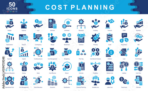 Cost Planning icon collection set. Simple color fill vector illustration.