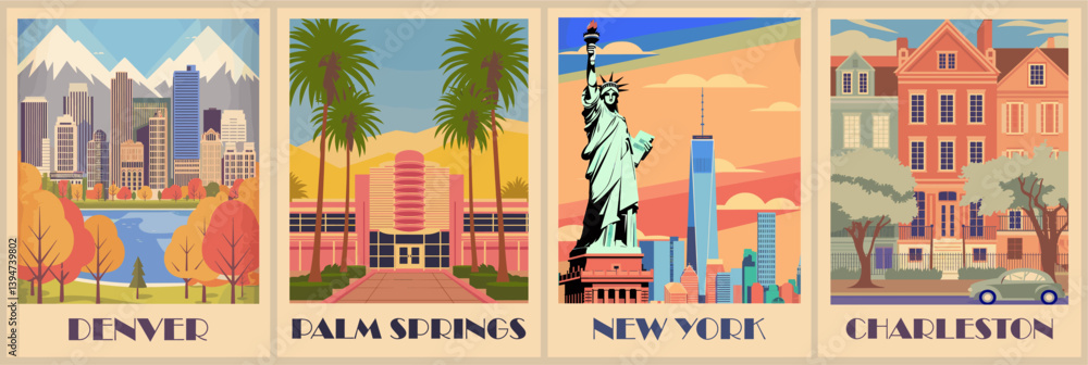 Obraz premium Set of USA travel destination posters in retro style. New York, Denver, Palm Springs, Charleston cityscapes. Vintage vector art illustrations