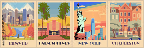 Set of USA travel destination posters in retro style. New York, Denver, Palm Springs, Charleston cityscapes. Vintage vector art illustrations