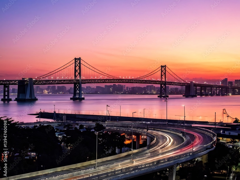 Fototapeta premium Sunrise Over a Bridge and Cityscape