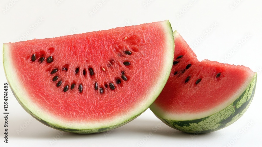 Juicy watermelon slices with bright red flesh and black seeds - a refreshing summer treat isolated on a white background.