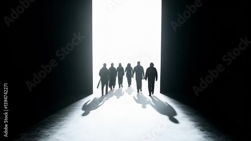 Six figures move steadily towards a bright light emanating from the end of a dark corridor, creating long, dramatic shadows and setting a mysterious atmosphere for their journey