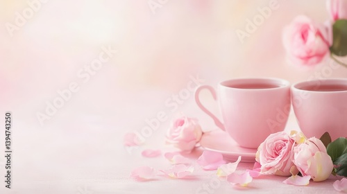 Soft Pastel Tea Time: A delicate composition showcasing two inviting teacups alongside exquisite pink roses, evoking a sense of serenity and refined elegance, ideal for themes of relaxation, luxury.