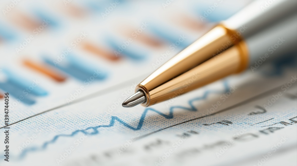 Close-Up of a Ballpoint Pen on a Business Financial Report with Graphs and Data Analysis Close-Up of a Ballpoint Pen on a Business Financial Report with Graphs and Data Analysis