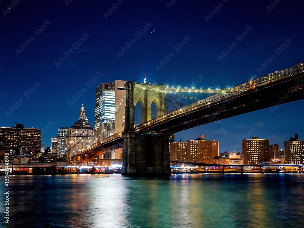 Obraz premium Brooklyn Bridge at Night with a Crescent Moon