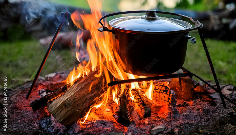Fire wood in cooking, Campfire cooking scene with firewood fueling a pot over an open flame Fire wood in cooking, Campfire cooking scene with firewood fueling a pot over an open flame