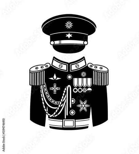 Military officer uniform vector in black color with white background. Militry personnel, higher rank, armed services.