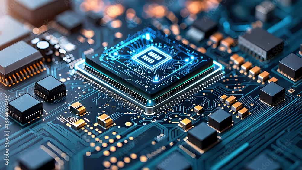 Close-Up View of High-Tech Computer Processor on Circuit Board with Blue Lighting and Digital Details
Close-Up View of High-Tech Computer Processor on Circuit Board with Blue Lighting and Digital Details