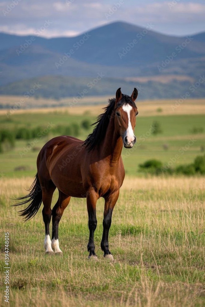 Obraz premium there is a brown horse standing in a field with mountains in the background