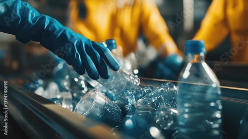 Employeea??s hands in gloves sorting garbage from plastic bottles and glasses on conveyor at recycling plant
