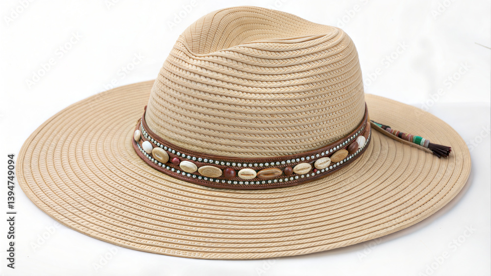 Wide-Brimmed Boho Straw Hat with Beaded Band on White Background Wide-Brimmed Boho Straw Hat with Beaded Band on White Background