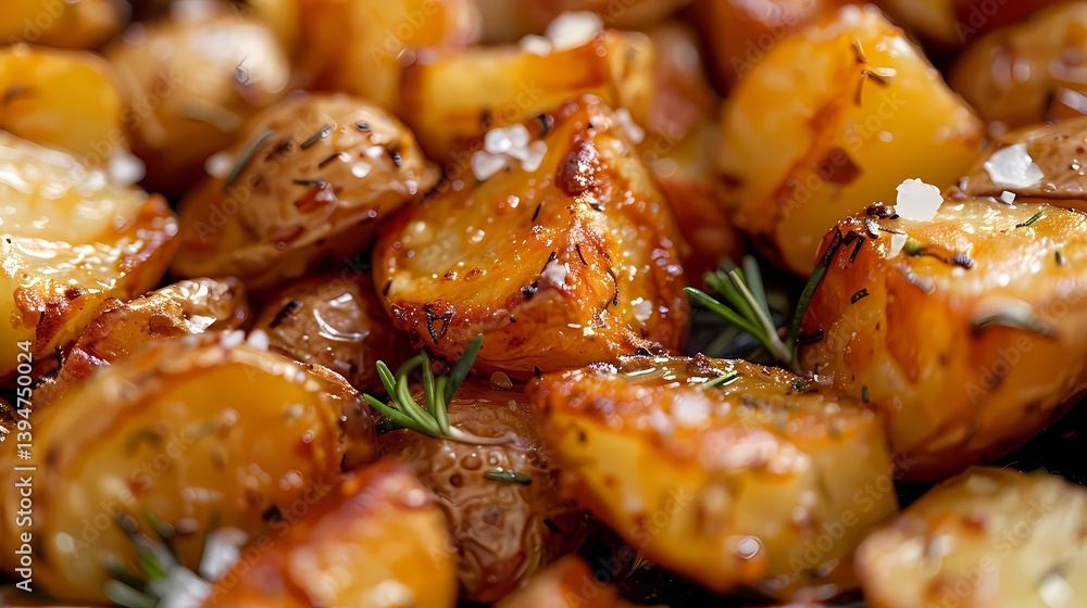 Close up a crispy roast potatoes, shiny with goose fat, sprigs of rosemary, sea salt crystals and roasted garlic cloves, Generative AI illustrations.
