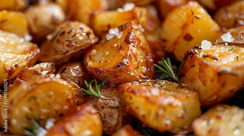 Obraz na płótnie Close up a crispy roast potatoes, shiny with goose fat, sprigs of rosemary, sea salt crystals and roasted garlic cloves, Generative AI illustrations. w salonie