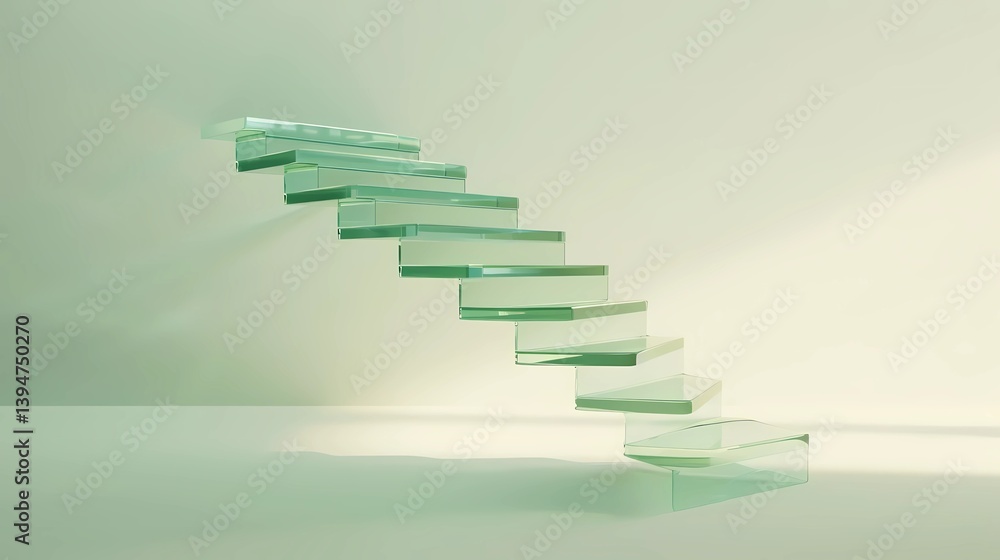 Obraz premium A light green glass staircase with steps made of clear, translucent material is flying in the air against a light background, Generative AI illustrations.