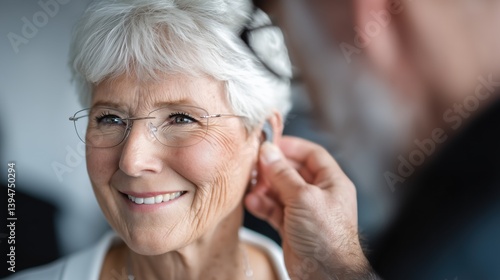 Better Hearing Month. A close-up portrait of a smiling elderly woman being fitted with a modern hearing aid by a gentle audiologist