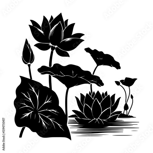 set of black silhouettes lotus and leaves vector