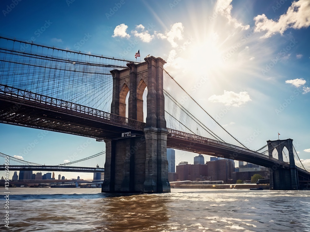 Obraz premium Brooklyn Bridge with Sunlit Clouds