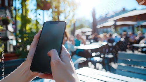 A hand holding a mobile phone in a cafe, socializing, summer, open air, blue sky, Generative AI illustrations.